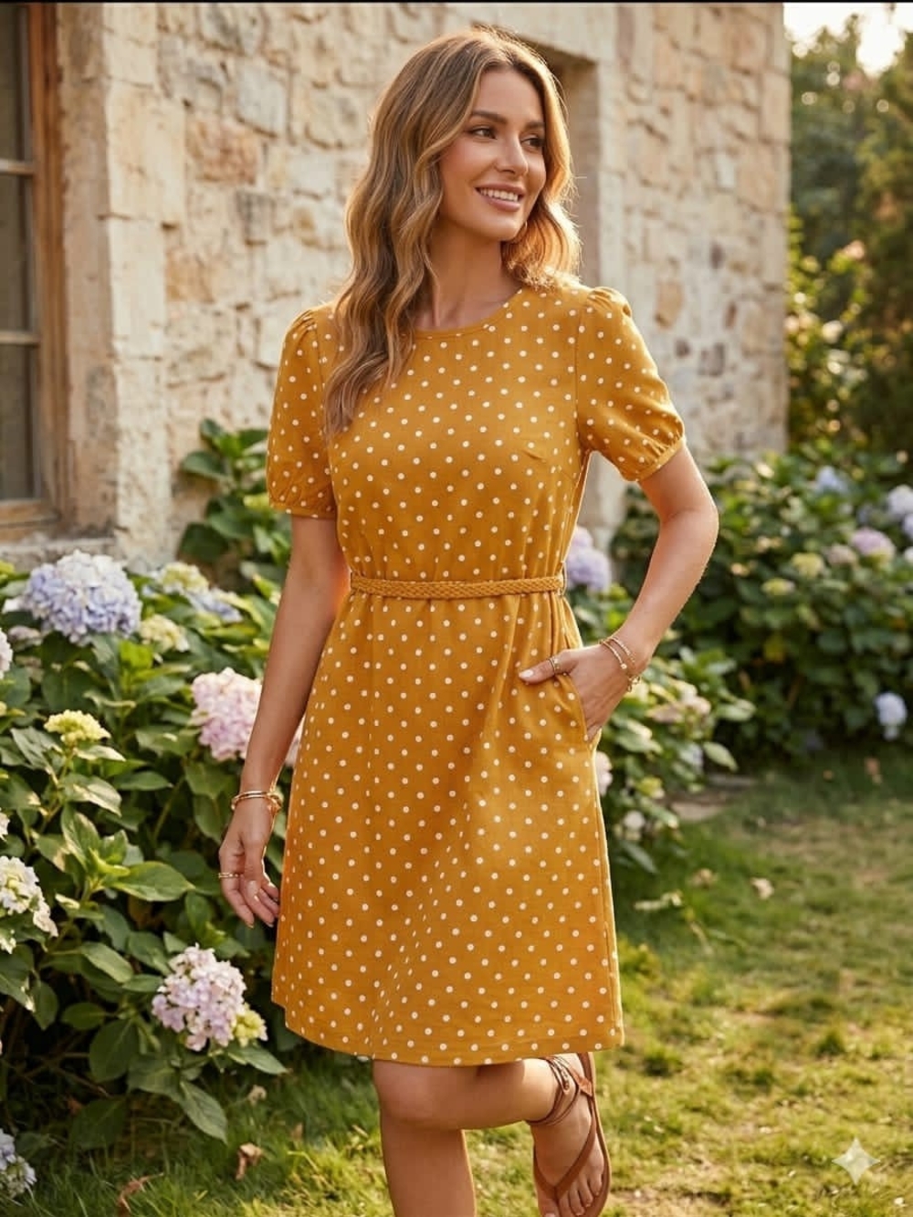 SHEIN Mustard Polka Dot Braided-Waist Short Sleeve Mini Dress • Size M